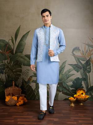 Sky blue viscose silk jacquard with sequins embroidered work wedding festival party wear straight kurta with jacket 6