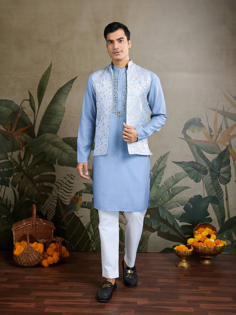 Sky blue viscose silk jacquard with sequins embroidered work wedding festival party wear straight kurta with jacket