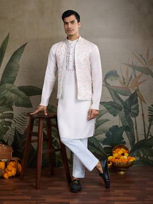White viscose silk jacquard with sequins embroidered work wedding festival party wear straight kurta with jacket 7