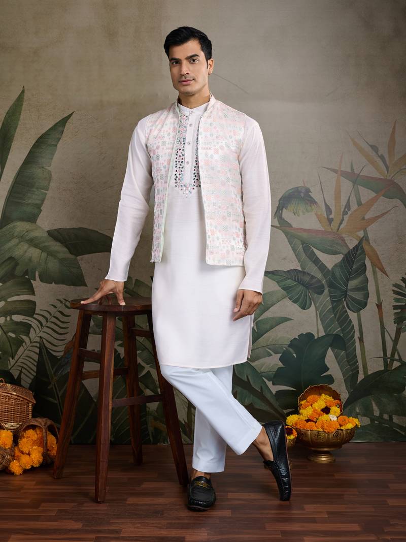 White viscose silk jacquard with sequins embroidered work wedding festival party wear straight kurta with jacket