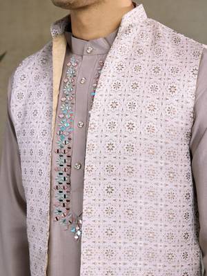 Beige viscose silk jacquard with sequins embroidered work wedding festival party wear straight kurta with jacket 7