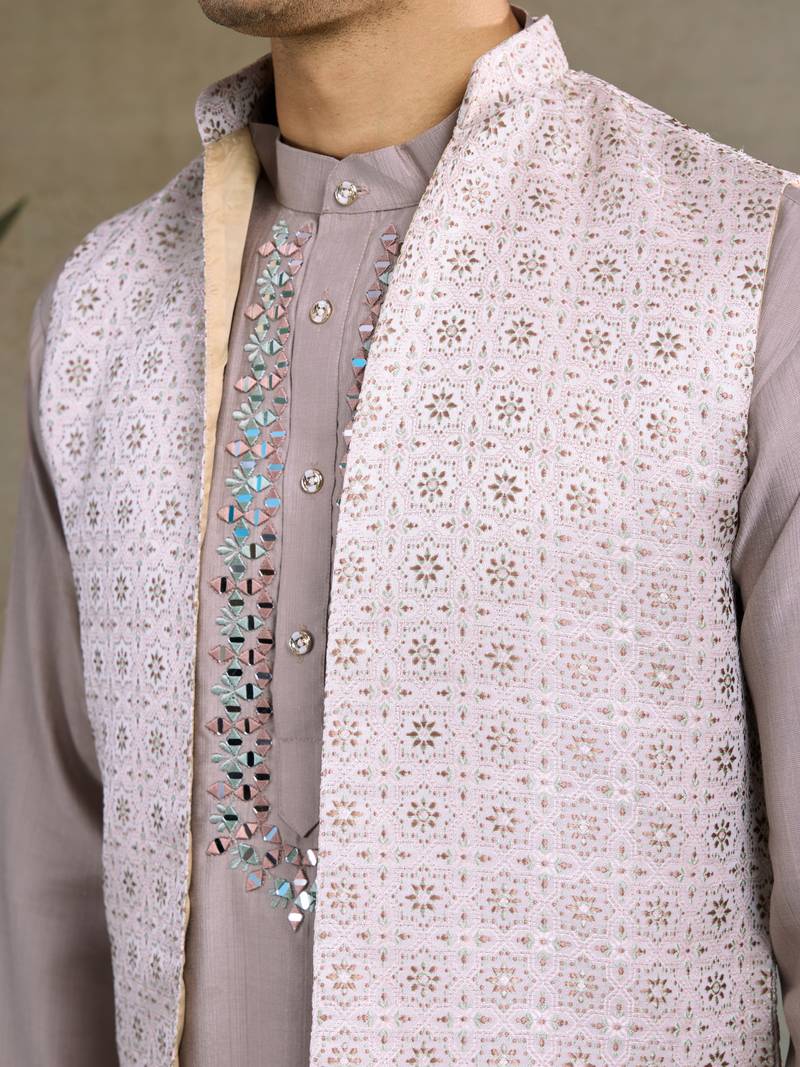 Beige viscose silk jacquard with sequins embroidered work wedding festival party wear straight kurta with jacket