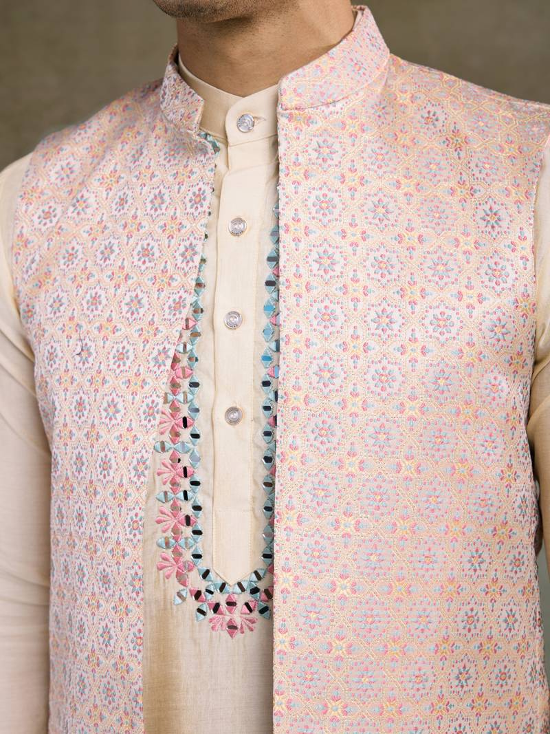 Off white viscose silk jacquard with sequins embroidered work wedding festival party wear straight kurta with jacket