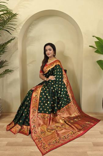 green Paithani silk blend weaving saree  with contrast blouse