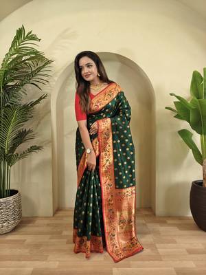 green Paithani silk blend weaving saree with contrast blouse 3