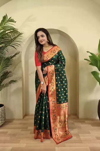 green Paithani silk blend weaving saree with contrast blouse
