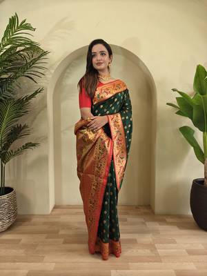 green Paithani silk blend weaving saree with contrast blouse 4