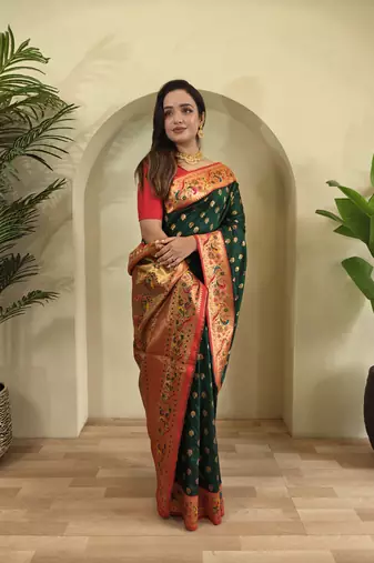 green Paithani silk blend weaving saree with contrast blouse