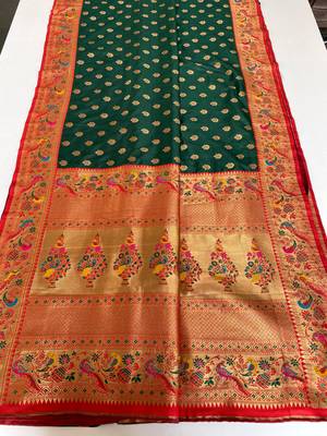 green Paithani silk blend weaving saree with contrast blouse 5