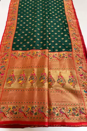 green Paithani silk blend weaving saree with contrast blouse