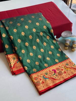 green Paithani silk blend weaving saree with contrast blouse 6