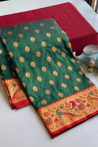 green Paithani silk blend weaving saree with contrast blouse