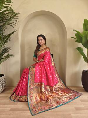 pink Paithani silk blend weaving saree with contrast blouse 1