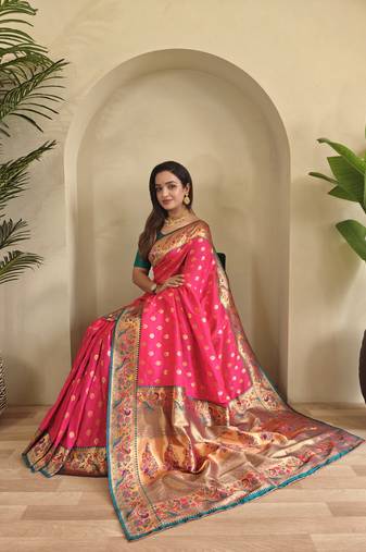 pink Paithani silk blend weaving saree  with contrast blouse
