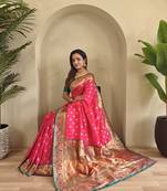 pink Paithani silk blend weaving saree  with contrast blouse