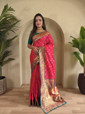 pink Paithani silk blend weaving saree with contrast blouse 3