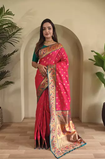 pink Paithani silk blend weaving saree with contrast blouse