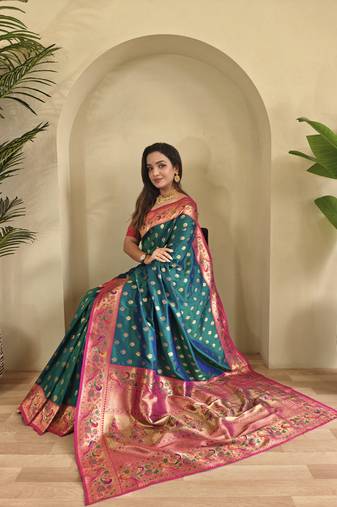 rama green Paithani silk blend weaving saree  with contrast blouse