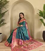 rama green Paithani silk blend weaving saree  with contrast blouse