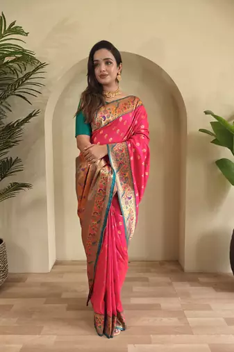 pink Paithani silk blend weaving saree with contrast blouse