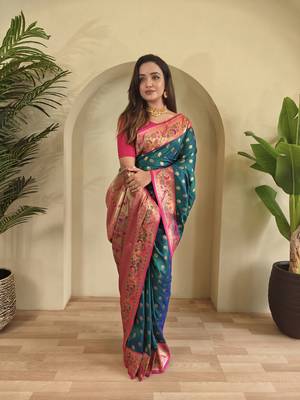 rama green Paithani silk blend weaving saree with contrast blouse 3