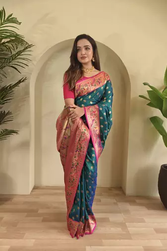 rama green Paithani silk blend weaving saree with contrast blouse