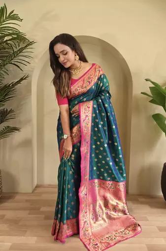 rama green Paithani silk blend weaving saree with contrast blouse