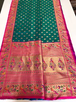 rama green Paithani silk blend weaving saree with contrast blouse 5