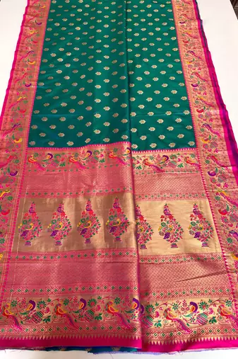 rama green Paithani silk blend weaving saree with contrast blouse