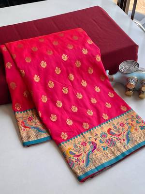 pink Paithani silk blend weaving saree with contrast blouse 6