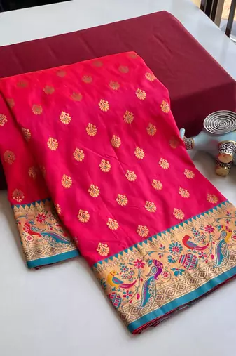 pink Paithani silk blend weaving saree with contrast blouse