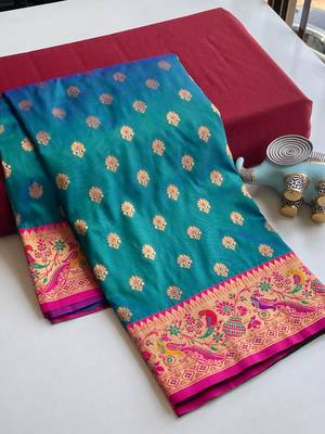 rama green Paithani silk blend weaving saree with contrast blouse 6