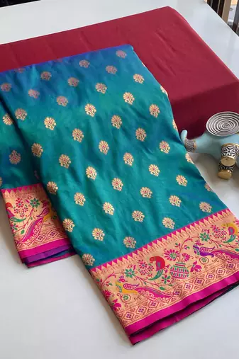 rama green Paithani silk blend weaving saree with contrast blouse