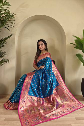 sky blue Paithani silk blend weaving saree  with contrast blouse