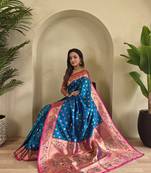sky blue Paithani silk blend weaving saree  with contrast blouse