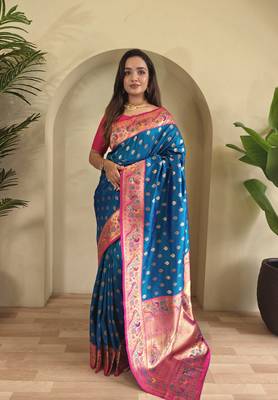 sky blue Paithani silk blend weaving saree with contrast blouse 3