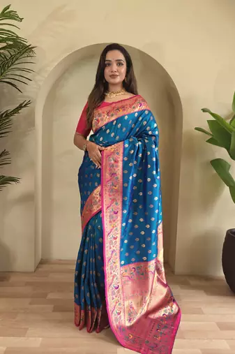 sky blue Paithani silk blend weaving saree with contrast blouse