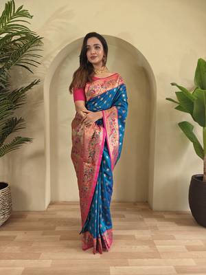 sky blue Paithani silk blend weaving saree with contrast blouse 4