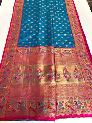 sky blue Paithani silk blend weaving saree with contrast blouse 5