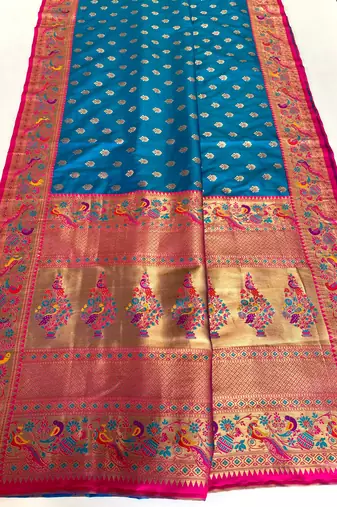 sky blue Paithani silk blend weaving saree with contrast blouse