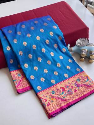 sky blue Paithani silk blend weaving saree with contrast blouse 6
