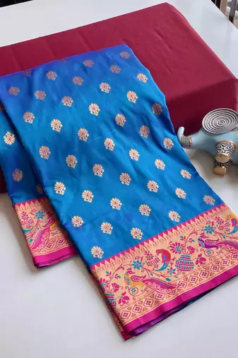 sky blue Paithani silk blend weaving saree with contrast blouse