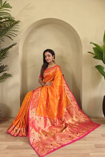 orange Paithani silk blend weaving saree  with contrast blouse