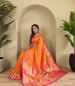 orange Paithani silk blend weaving saree  with contrast blouse
