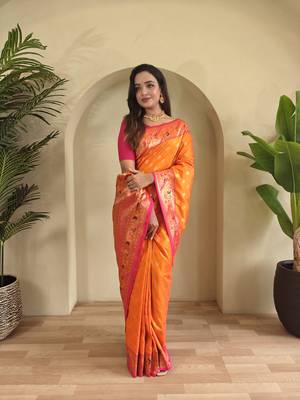 orange Paithani silk blend weaving saree with contrast blouse 4