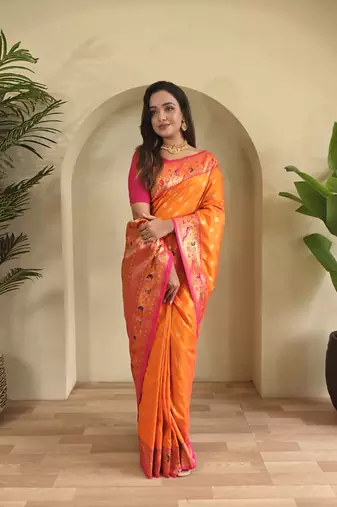 orange Paithani silk blend weaving saree with contrast blouse