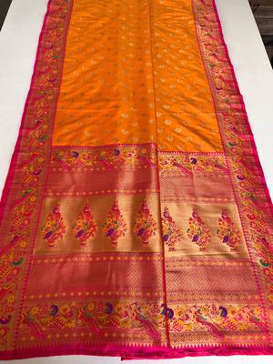 orange Paithani silk blend weaving saree with contrast blouse 5