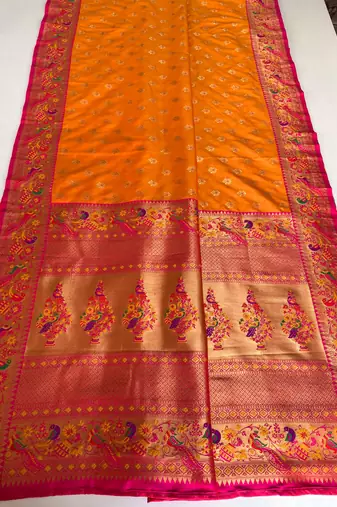 orange Paithani silk blend weaving saree with contrast blouse