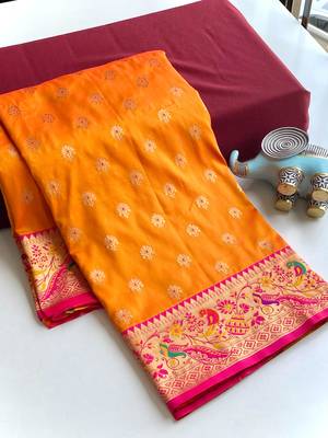 orange Paithani silk blend weaving saree with contrast blouse 6