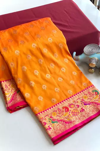 orange Paithani silk blend weaving saree with contrast blouse